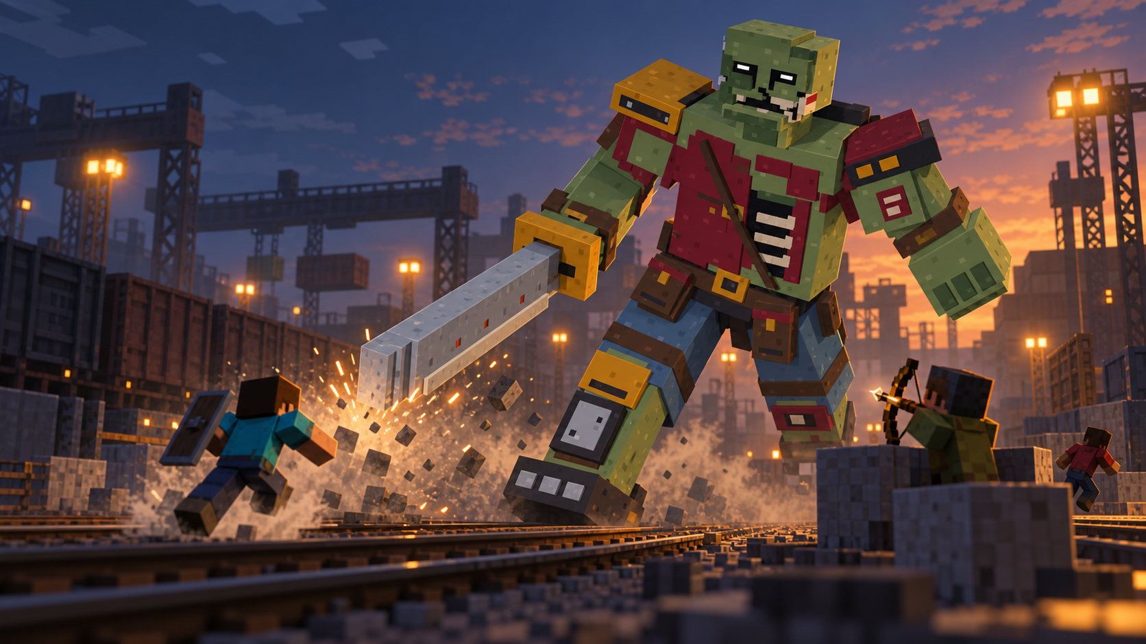 AI-illustrated fight: the Yard Colossus swings its enormous blade at three adventurers in an industrial rail yard