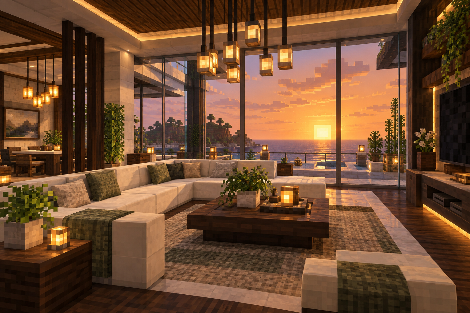 Concept artwork of a luxury Minecraft-style penthouse with modern furnishings and floor-to-ceiling windows